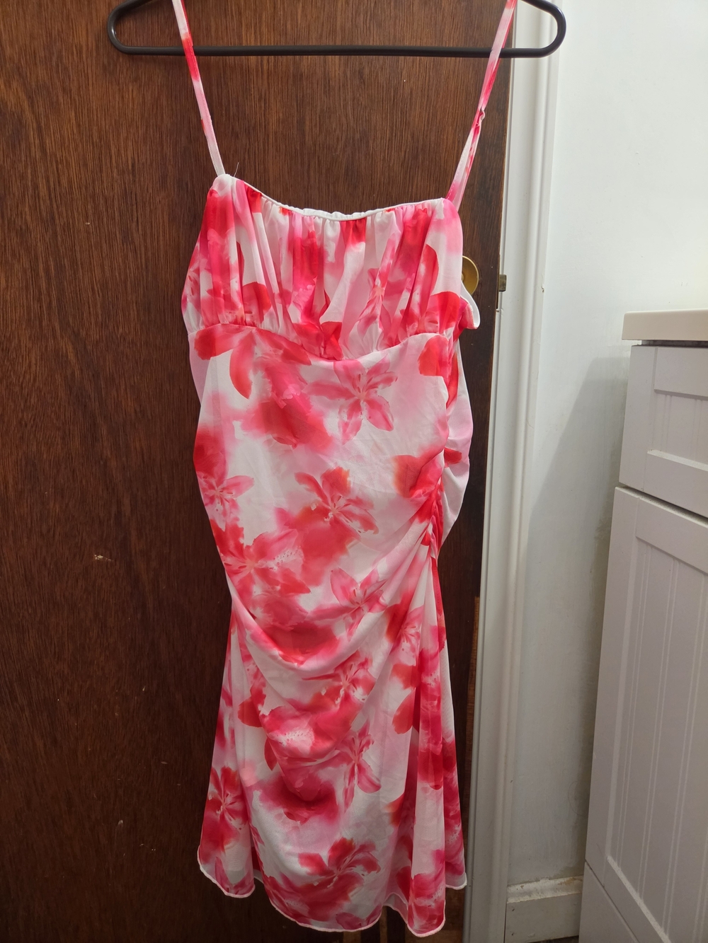 Pink Floral Midi Slip Dress with Spaghetti Straps